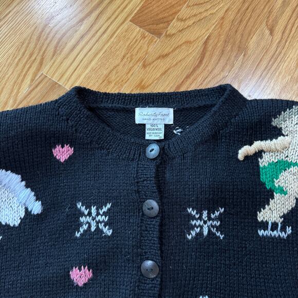 Vintage Roberta Frost Handknit Wool Sweater M Black Skating Animals Cardigan - Picture 2 of 5